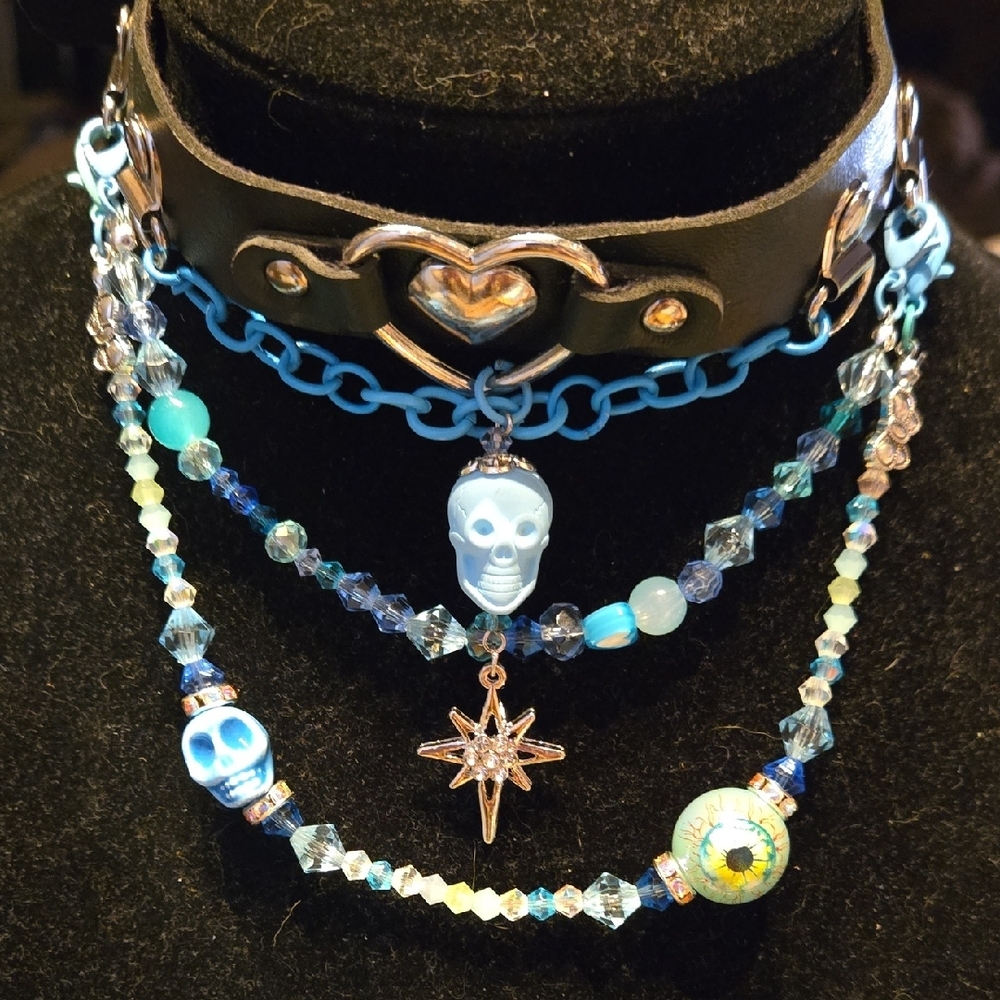 Edgy Black and Blue Skull Choker Necklace